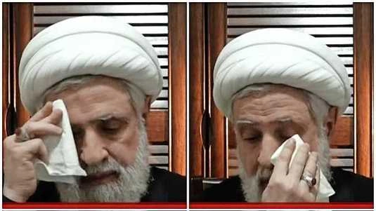 Temporary leader of Hezbollah sweating heavily during video message